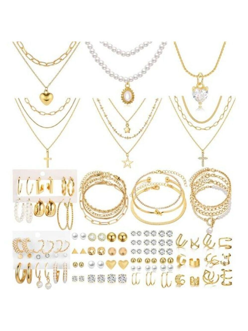Gold Jewelry Set Women Necklace Bracelet Hoop Earrings Stud Earrings Cuff Set